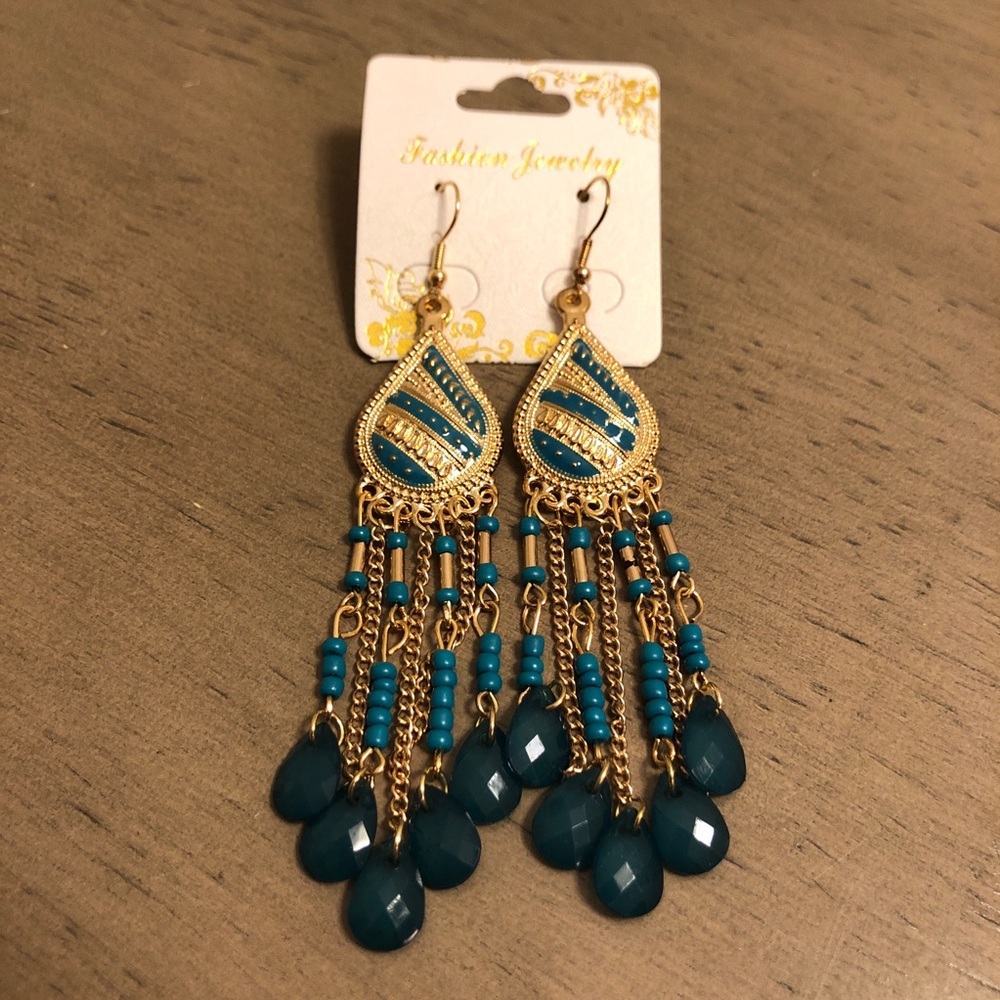 Elegant Gold Tone and Teal Bohemian Beaded Dangle Earrings Fashion Jewelry